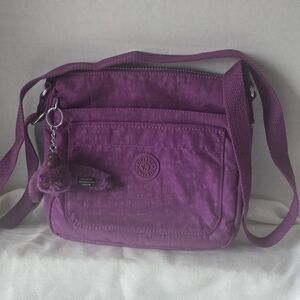 Kipling Kaylin Purple Nylon Crossbody Bag w/ Monkey Keychain Lightweight Travel